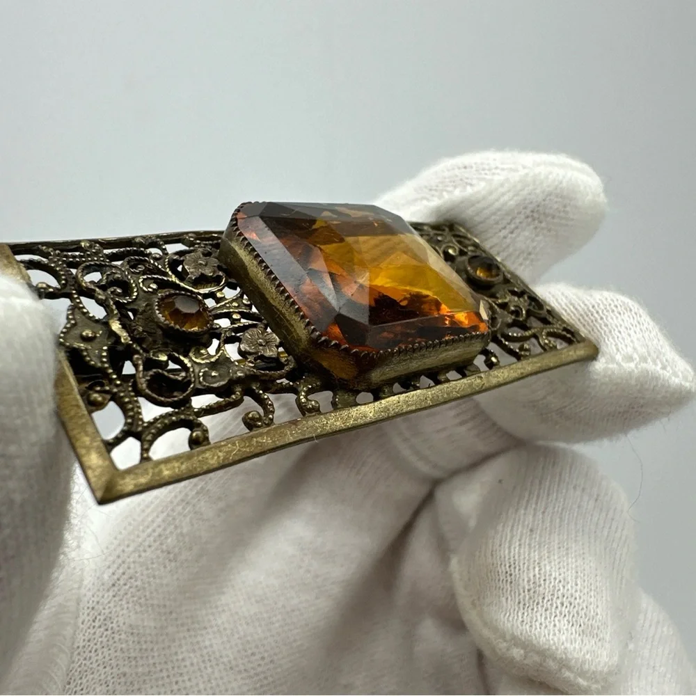 Antique Edwardian‎ Brass Faceted Amber Glass Leaf Brooch #632